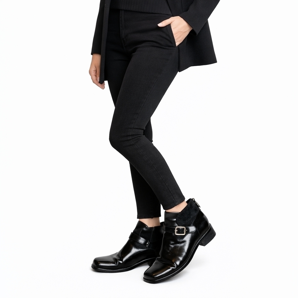 Stuart Weitzman Negev Jet Mirror Leather And Calf Black Leather Booties 9 - Picture 2 of 13